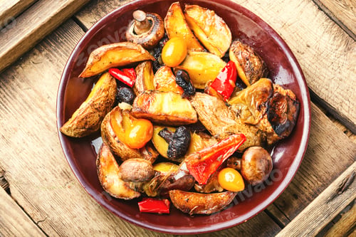 Preview: Baked Homemade Potato With Champignon Mushrooms. Fried Potatoes On A Wooden Vintage Background.