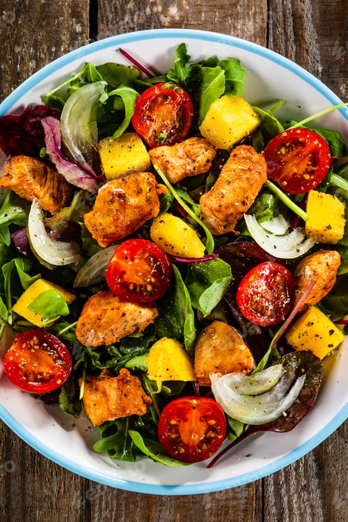 Preview: Salad With Chicken, Mango And Tomatoes On Wooden Table