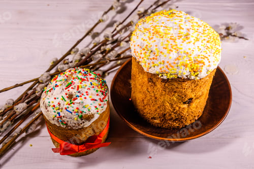 Preview: Ukrainian Easter Bread Kulich And Pussywillow Branches On White Wooden Table