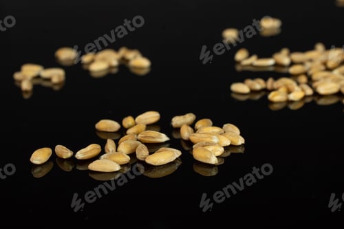 Preview: Lot Of Whole Fresh Beige Dinkel Wheat Grain Isolated On Black Glass