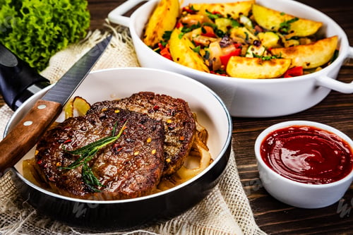 Preview: Grilled Steaks, Baked Potatoes And Vegetables