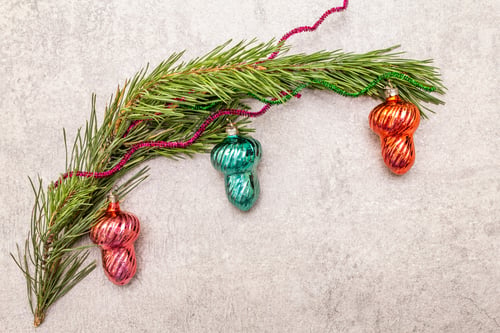 Preview: Vintage Christmas Tree Toys. New Year Holiday Concept. Evergreen Pine Branch, Stone Concrete