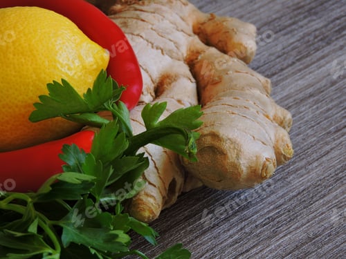 Preview: Ginger Parsley And Lemon. Chili Pepper Red. Copy Space.