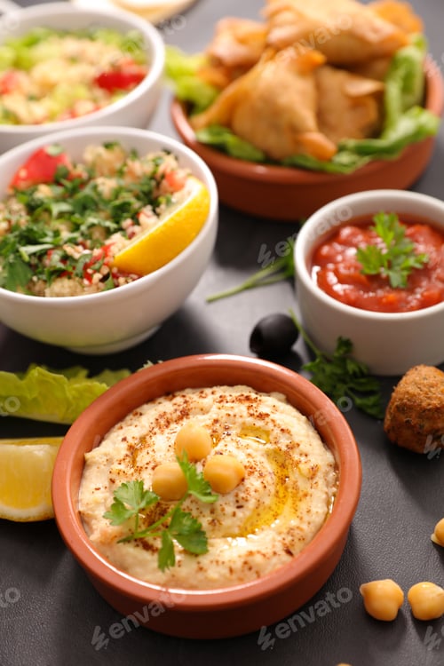 Preview: Assorted Of Lebanese Food With Falafel, Hummus,Tabouleh,Samosa And Aubergine Caviar