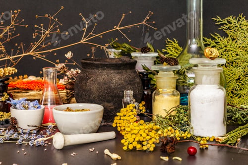 Preview: Halloween Concept. Alchemy Laboratory Of The Witch. Flasks, Retorts, Cauldron, Mortars And Pestle