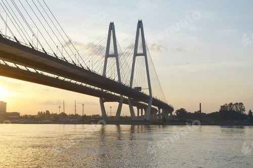 Preview: Cable-Braced Bridge Across The River Neva At Dawn, St.Petersburg, Russia.