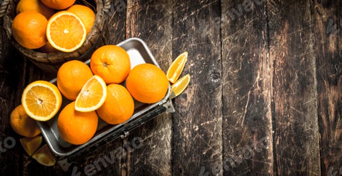 Preview: Ripe Oranges On The Scales. On A Wooden Background.