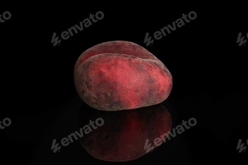 Preview: One Whole Fresh Red Peach Prunus Persica Platycarpa Isolated On Black Glass