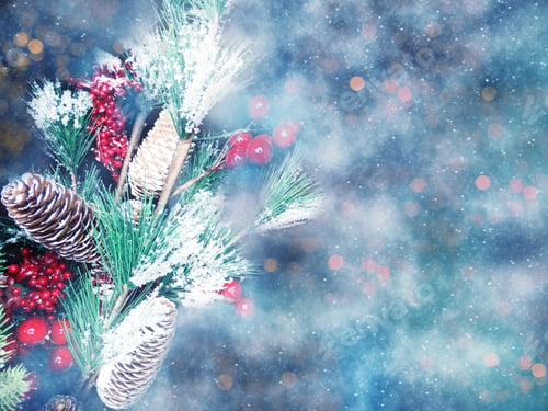 Preview: Winter Christmas Background With Fir Branches Cones And Snow On Blue Wooden Texture