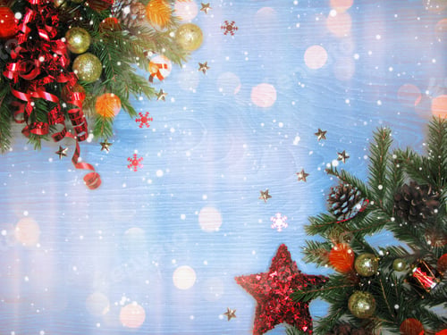 Preview: Christmas Background And Decoration With Fir Branches Garland Lights On Old Wooden Board