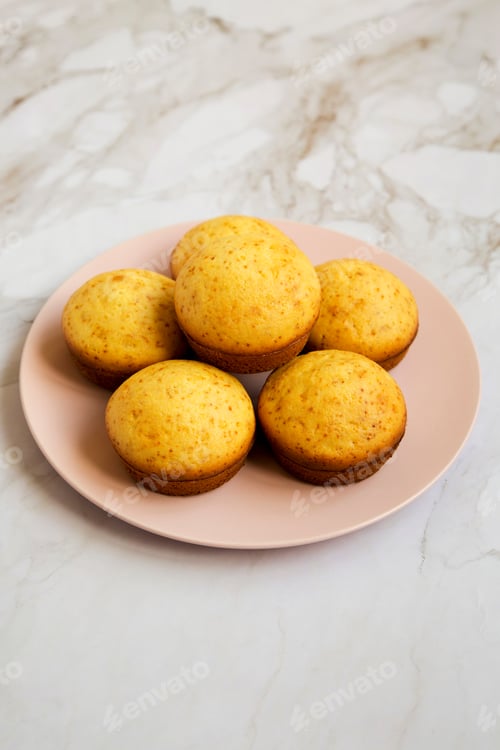 Preview: Homemade Cornbread Muffins On A Pink Plate, Side View.