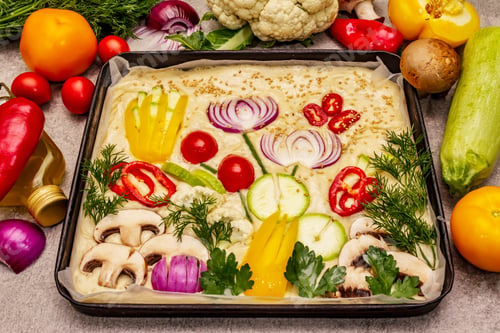 Preview: Raw Garden Focaccia. Fresh Dough And Vegetables, Olive Oil, Greens. Colorful Gardenscape, Stone