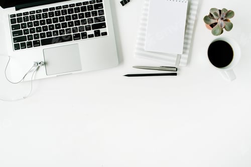Preview: Flat Lay Home Office Workspace With Laptop, Diary, Coffee, Succulent And Headphones, On White