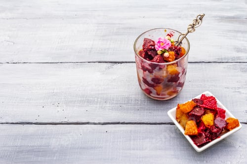 Preview: Summer Sweet Cold Dessert. Assorted Frozen Fruit Puree. On Wooden Boards Background, Copy Space