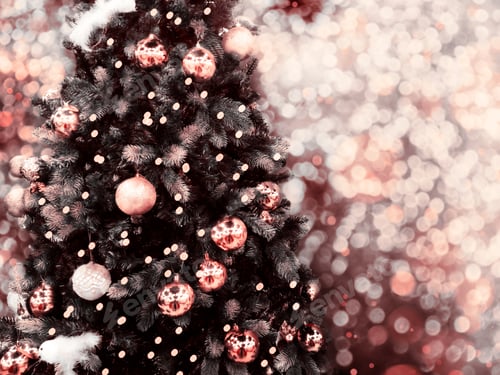 Visualização: Árvore de Natal e decoração Luzes de Ano Novo Fundo de Inverno com Garland Bokeh