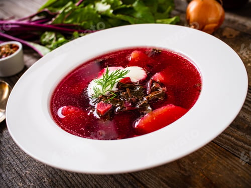 Preview: Borsch - Beetroots Soup With Cream On Wooden Table