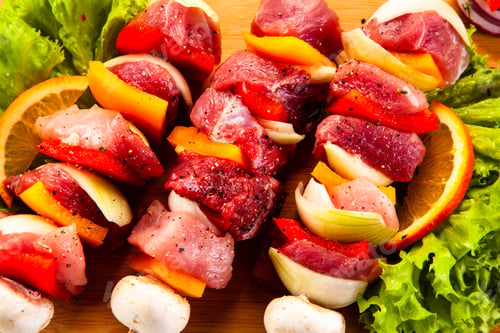 Preview: Uncooked Shashlik On Cutting Board On White Background