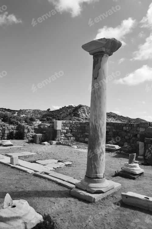 Preview: Antique Ruins On A Greek Island Of Kos. Byzantine Basilica Of Agios Stefanos. Black And White.