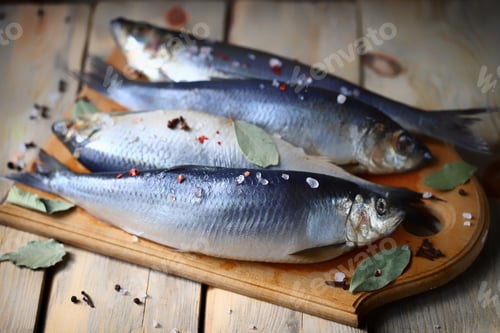 Preview: Selective Focus. Spicy Salted Herring. Whole Salted Herring. Norwegian Herring. Saltwater Fish