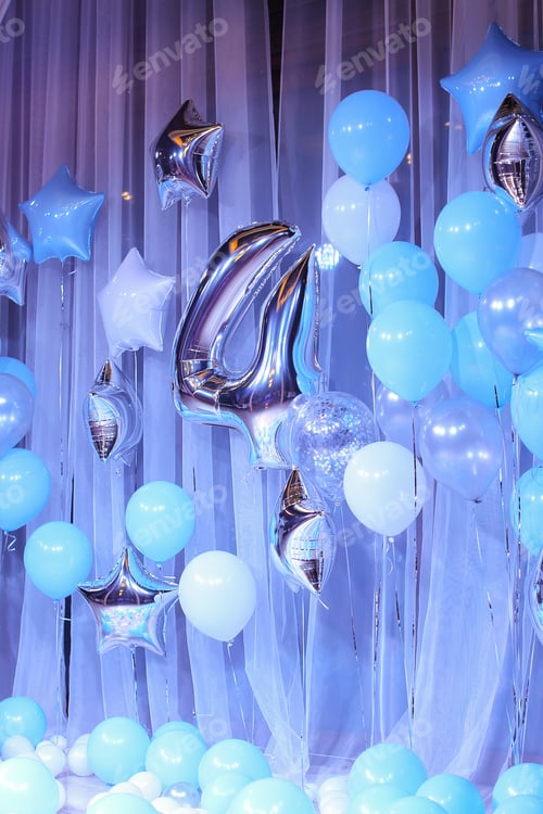 Preview: Decorated Scene With Blue Balloons And Number 4. Concept Of Party For Four Years Old Child.