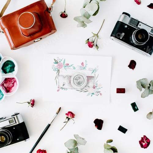 Preview: Flat Lay. Artist Workspace With Vintage Retro Photo Camera, And Watercolor Painted Camera, Red