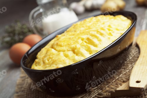 Preview: Potato Casserole With Meat On The Wooden Table