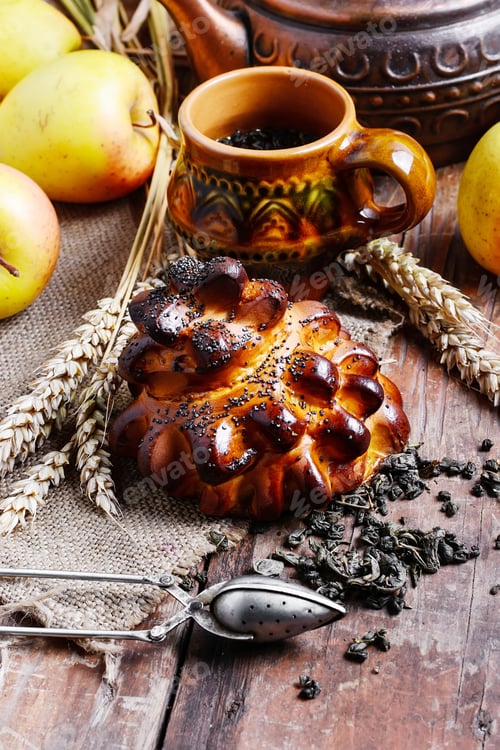 Preview: Autumn Tea Party.Autumn Still Life With Scones,Tea,Apples And Ears Of Wheat.