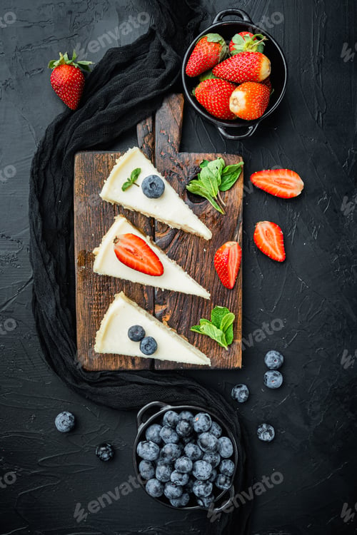 Preview: Homemade Cheesecake With Fresh Berrie, On Black Background, Top View Flat Lay