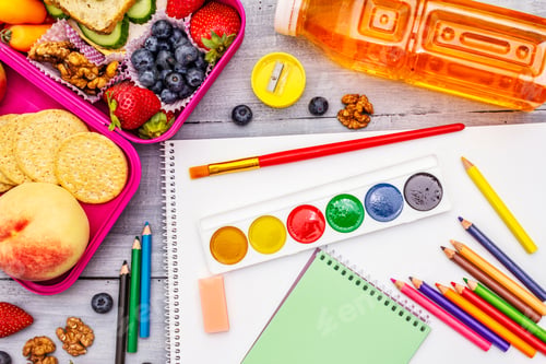Preview: School Lunch Box With Sandwich, Fresh Fruits, Vegetables, Cookies, Juice And Nuts. Healthy Eating