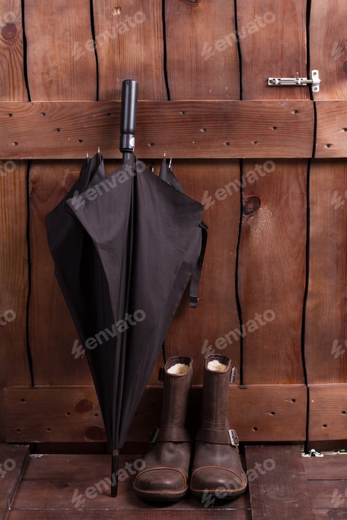 Preview: Vintage Men'S Boots And Umbrella. Men'S Things Near The Wooden Fence.