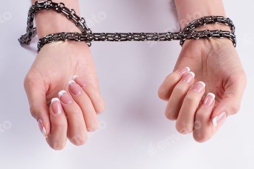 Preview: Women'S Wrists In Chains. French Manicure With A Metal Chain.