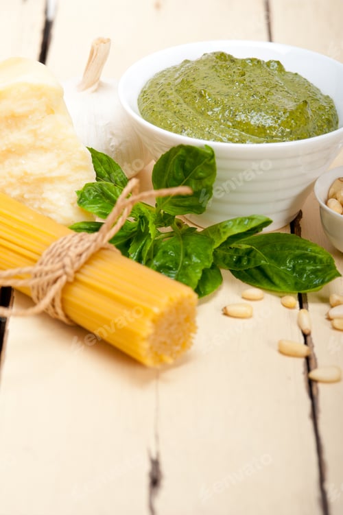 Preview: Italian Traditional Basil Pesto Pasta Ingredients Parmesan Cheese Pine Nuts Extra Virgin Olive Oil
