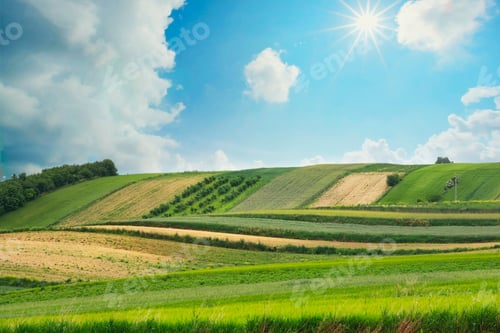 Preview: Countryside Landscape Of Ploughed Fields And Hills. Polish Agricultural Landscape In Spring With
