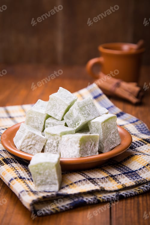 Preview: Turkish Delight Of Green Pieces, With Cup Of Tea