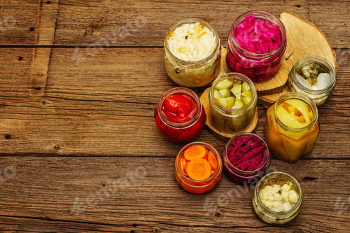 Preview: Assorted Of Fermented Vegetables In Glass Jars. Preserved Season Vegetables Concept, Probiotics