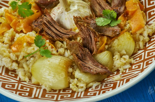 Preview: Uzbek Khorezm Pilaf , Traditional Assorted Dishes, Top View. Central Asian Cuisine