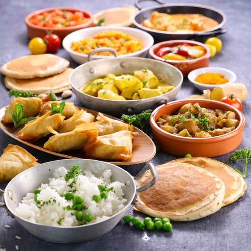 Preview: Assorted Indian Food - Naan, Curry, Rice, Lentils