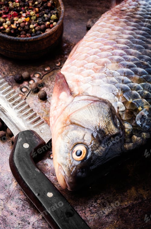 Preview: Fresh Fish With Ingredients For Cooking On Pan.Cooking Concept