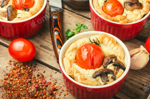 Preview: Tomato Tart With Mushroom,Cheese And Toamtoes On Rustic Wooden Table