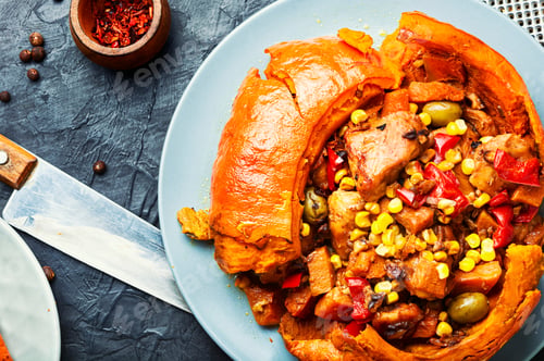Preview: Meat With Vegetables Baked In Pumpkin.Mexican Pork.