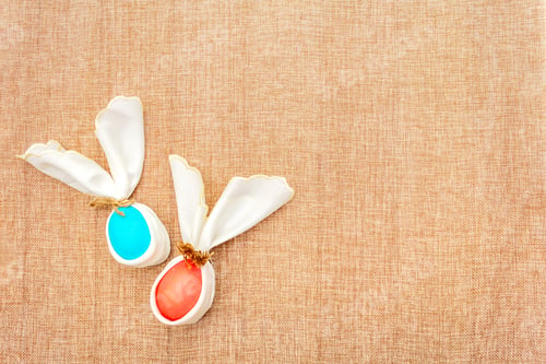 Preview: Easter Bunny (Rabbit) Egg Concept, Table Arrangement Decoration. Pink (Rosy) And Blue Eggs With