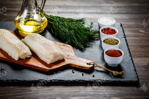 Preview: Fresh Raw Cod With Herbs Served On Black Stone On Wooden Table