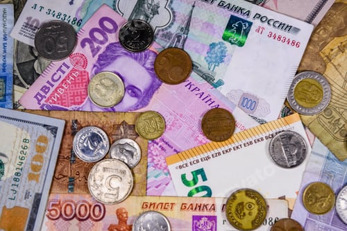 Preview: Multi Currency Background. Euro, American Dollars, Ukrainian Hryvnias, Egyptian Pounds, Russian