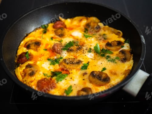 Preview: Breakfast - Scrambled Eggs With Sausages And Vegetables In Frying Pan