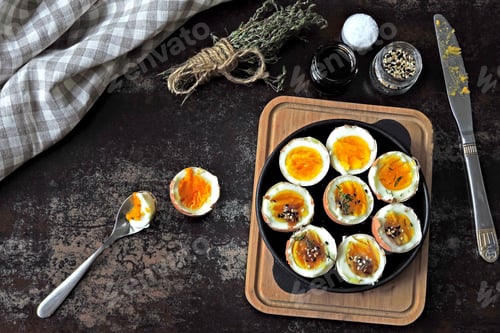 Preview: Boiled Eggs With Herbs And Sesame. Keto Breakfast Or Snack. Delicious Soft Boiled Eggs.