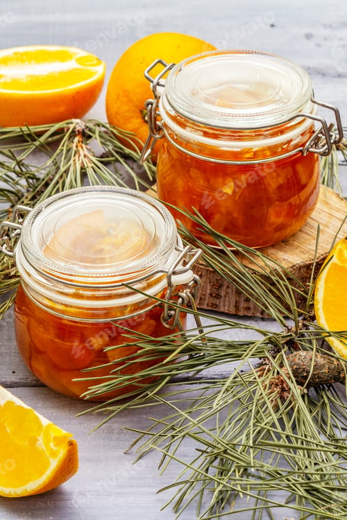 Preview: Orange Fruit Jam In Glass Jar. Summer Homemade Preservation Concept. Sweet Dessert For The Festive