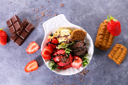 Vista previa: Bowl Of Ice Cream With Strawberry And Biscuit