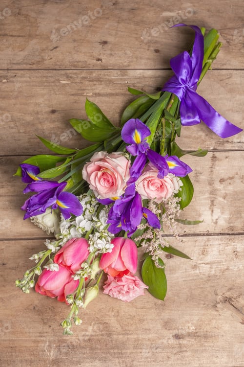 Preview: A Beautiful Bouquet Of Wedding Flowers On Old Wooden Boards. The Concept For A Holiday Gift For