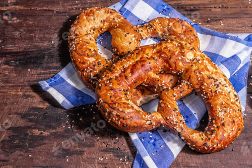 Preview: Oktoberfest Concept - Pretzels On A Traditional Napkin. Trendy Hard Light, Dark Shadow. Vintage