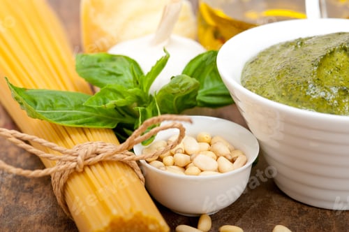 Preview: Italian Traditional Basil Pesto Pasta Ingredients Parmesan Cheese Pine Nuts Extra Virgin Olive Oil
